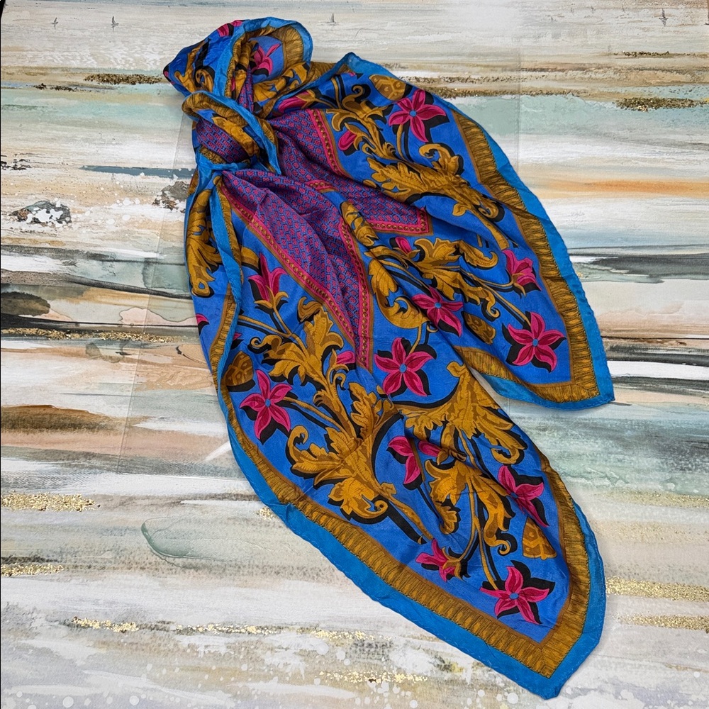 Collection XIIX Vibrant Blue and Gold Large Square Silk Scarf